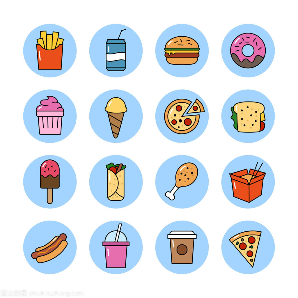快餐时代 不健康饮食的矢量图标符号解读